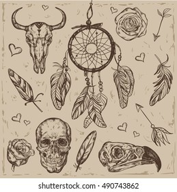 Skull boho tattoo set with Dreamcatcher in the center and little hand drawn hearts around vector illustration