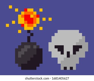 Skull and bomb with explosion vector, boom isolated set of pixel game icons, 8 bit graphics, weapon and poisonous symbol danger mosaic skeleton flat style