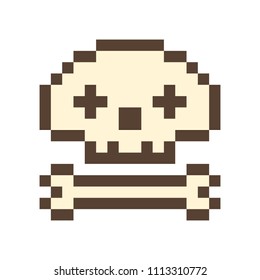 Skull and bone, 16x16 pixel art icon isolated on white background. Retro 80s-90s old school 8 bit slot machine/video game graphics. Pirate emblem. Skeleton sign. Archeology logo. Halloween character.