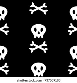 Skull with bone crosswise icon. White crossbones. Skeleton body part. Seamless Pattern. Happy Halloween sign symbol. Cute cartoon character. Pirate flag element. Black background. Flat design. Vector