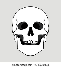 Skull bone face. Skull icon. Black and white cartoon smiling cute human skeleton head isolated on white background, drawn simple ghost front vector illustration.