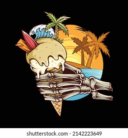 Skull Bone Hands Holding Ice Cream Cone Surfing on the beach