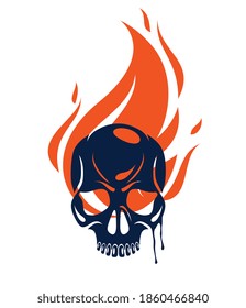 Skull bone head on fire vintage vector emblem or logo isolated on white, vintage style coat of arms crest, gang sign criminality, classic style tattoo.