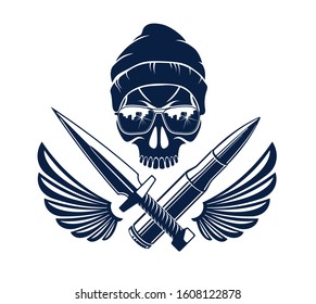 Skull bone head with weapon vintage vector emblem or logo isolated on white, vintage style coat of arms crest, gang sign criminality, classic style tattoo.