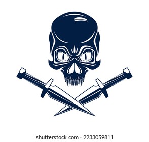 Cabeza de hueso cráneo con emblema vintage de arma o logotipo aislado en blanco, escudo de armas de estilo vintage, crimen de señas de pandillas, tatuaje de estilo clásico.
