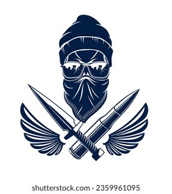 Skull bone head with weapon vintage vector emblem or logo isolated on white, vintage style coat of arms crest, gang sign criminality, classic style tattoo.