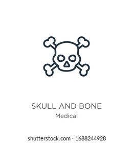 Skull and bone icon. Thin linear skull and bone outline icon isolated on white background from medical collection. Line vector sign, symbol for web and mobile