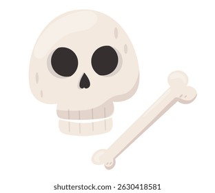 Skull and bone isolated on white background. Minimalist flat with spooky but playful mood. Halloween concept. Vector illustration in cartoon style