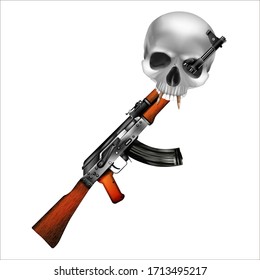 Der Schädel ist ein Knochen auf der Maschine, Patronen werden anstelle von Fangzähnen eingesetzt. Einziger Gegenstand auf weißem Hintergrund. Das Bild wurde ohne Referenzbeispiele erstellt.