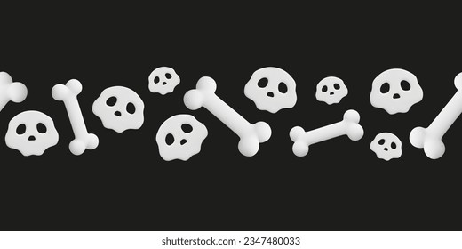 Patrón sin costuras de cráneo y hueso. Borde con objetos muertos de halloween vectoriales 3d. Ilustración de cuadro para la decoración de partido, diseño de banner. Elementos espeluznantes de plástico. Arte blanco y negro.