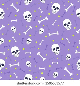 Skull and bone seamless pattern on purple background. halloween skull pattern background. vector illustration