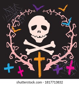 Skull with bones. Bats, branches with thorns, crosses, cobwebs. Lettering. Halloween vector illustration.