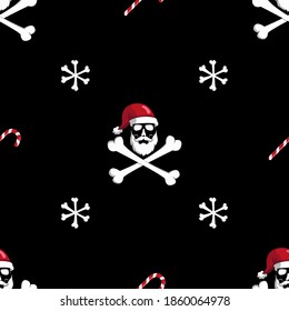 Skull with bones with a beard and hat of Santa Claus on a black background. Vector seamless pattern