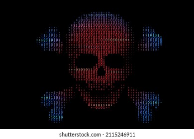 skull with bones in binary code stream on black background.concept of hacker attack, cyber piracy. vector illustration