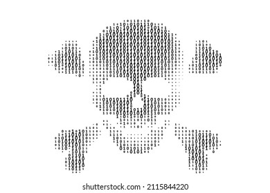 skull with bones in binary code stream on black background.concept of hacker attack, cyber piracy. vector illustration