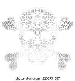 skull with bones in binary code stream on black background.concept of hacker attack, cyber piracy. vector illustration