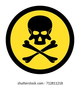 Skull and bones. Black danger sign on yellow circle. Vector illustration.