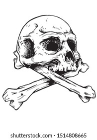 Skull with bones black and white brutal, hand-drawn, vector graphics