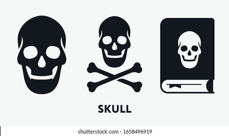 Skull and Bones. Book of Dead. Black Magic. Skeleton Head. Pirate Jolly Roger. Flat Vector Line Icon Set.