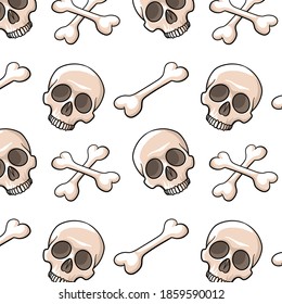 The skull and bones in cartoon style. Seamless vector pattern.