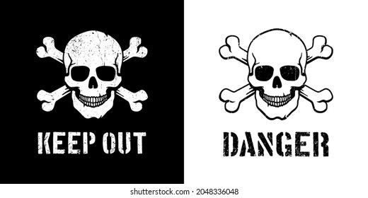 Skull and bones danger sign, keep out. Jolly Roger pirate badge. Vector retro worn illustration.