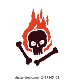 Skull, bones and flames icon. Colored silhouette. Front view. Vector simple flat graphic hand drawn illustration. Isolated object on white background. Isolate.