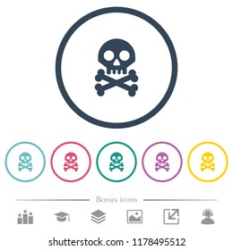 Skull with bones flat color icons in round outlines. 6 bonus icons included.