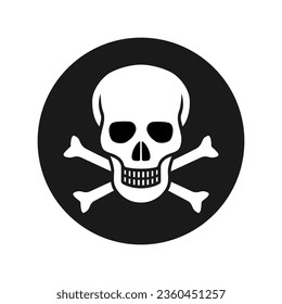 Skull and bones graphic icon. Cranium and crossbones sign in the circle isolated on white background. Mortal danger symbol. Vector illustration 