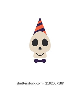 Skull with bones for Halloween greeting card and poster, party sign. Concept illustration with Sign and symbol. Flat design cartoon element. Vector illustration.