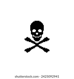 Icono de calavera y huesos 8 bits, icono de pirata de píxeles para el logotipo del juego.