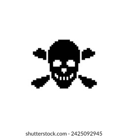 Icono de calavera y huesos 8 bits, icono de pirata de píxeles para el logotipo del juego.