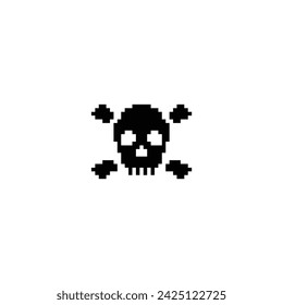 Skull and bones icon 8 bit, pixel pirate icon  for game  logo.