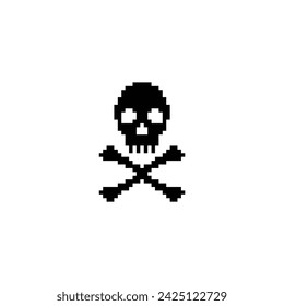 Icono de calavera y huesos 8 bits, icono de pirata de píxeles para el logotipo del juego.