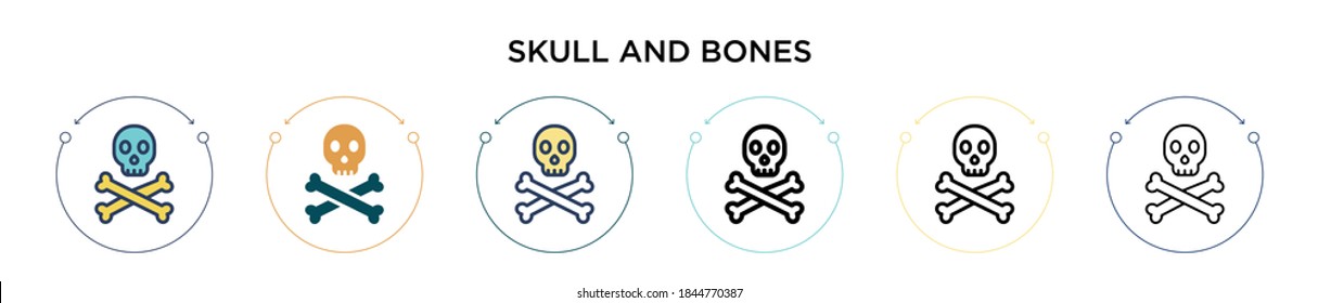 Skull and bones icon in filled, thin line, outline and stroke style. Vector illustration of two colored and black skull and bones vector icons designs can be used for mobile, ui, web