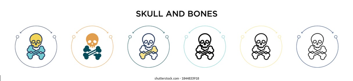Skull and bones icon in filled, thin line, outline and stroke style. Vector illustration of two colored and black skull and bones vector icons designs can be used for mobile, ui, web