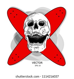 Skull and Bones. An image of the skull and skateboards. Can be used for printing on T-shirts, flyers, etc. Vector illustration