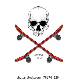 Skull and Bones. An image of the skull and skateboards. Can be used for printing on T-shirts, flyers, etc. Vector illustration
