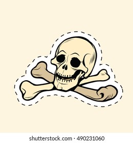Skull and bones Jolly Roger label sticker, pop art retro vector illustration