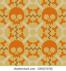 Skull and Bones. Knitted seamless woolen pattern in beige shades