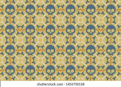 Skull and Bones. Knitted seamless woolen pattern in beige shades