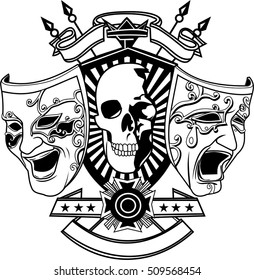 skull, bones and laurel wreath pirate symbol vector masks sad happy