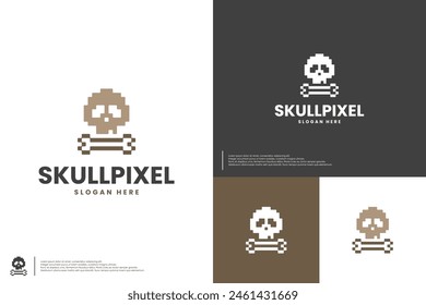 skull and bones logo with 8 bit style, fun style, logo design template.