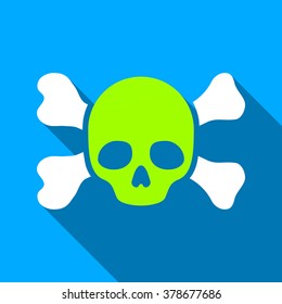 Skull And Bones long shadow vector icon. Style is a flat light symbol with rounded angles on a blue square background.