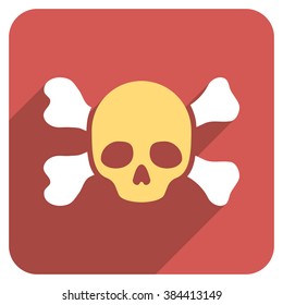 Skull and Bones long shadow vector icon. Style is a flat symbol on a red rounded square button.