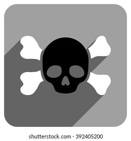 Skull and Bones long shadow vector icon. Style is a flat skull and bones iconic symbol on a gray square background.