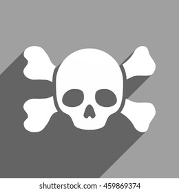 Skull and Bones long shadow vector icon. Style is a flat skull and bones white iconic symbol on a gray square background.