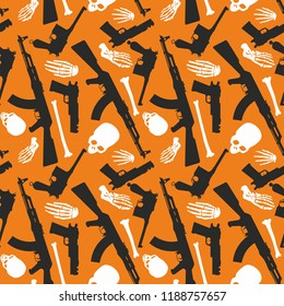Skull, bones and machine gun, Seamless pattern with image a skull and weapons, Day of The Dead