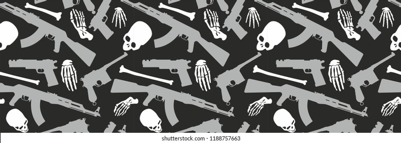 Skull, bones and machine gun, Seamless pattern with image a skull and weapons, Day of The Dead