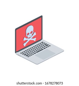 Skull and bones mark on screen laptop. Vector 3d isometric, color web icon, new flat style. Creative illustration design, graphic idea for infographics.