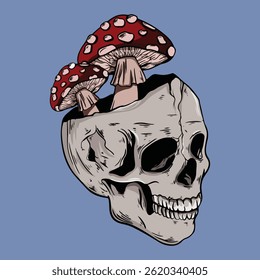 skull bones mashroom illustration art